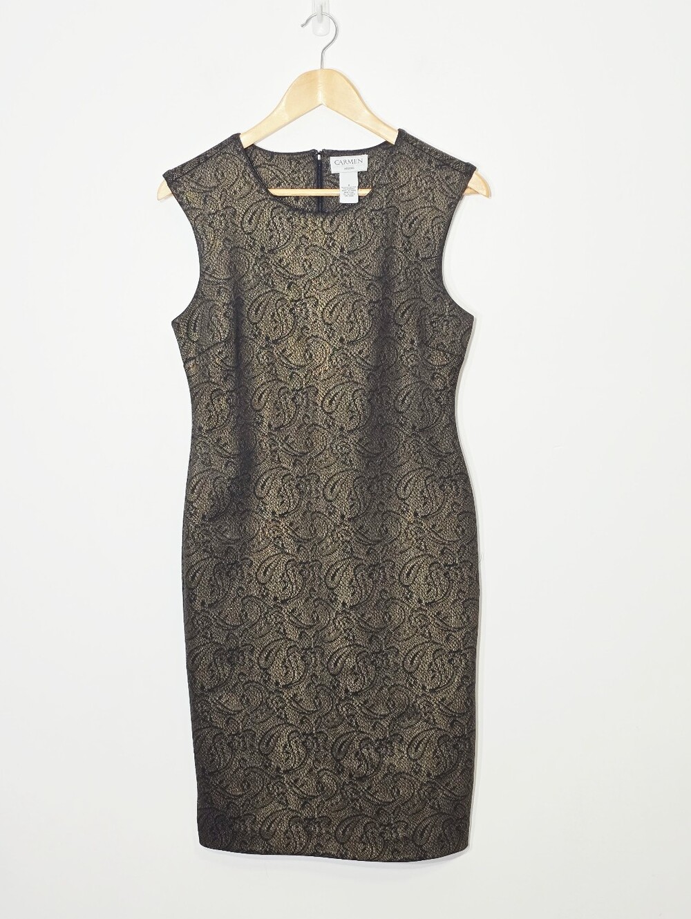Carmen Marc Valvo Black Gold Lace Paisly Printed Pattern Business Professional S